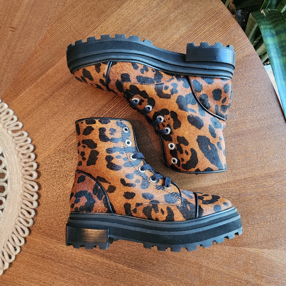 Schutz Maylova Leopard Calf Hair Combat Boots